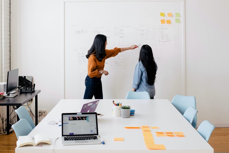 Deux personnes travaillant sur un tableau blanc en brainstorming