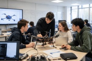 Des étudiants travaillant en groupe sur un drone