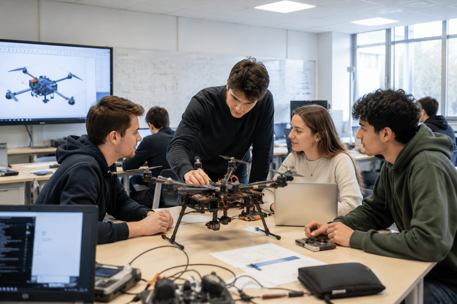 Des étudiants travaillant en groupe sur un drone