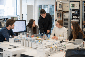 Etudiants travaillant en mode projet autour d'une table avec des appareils électroniques