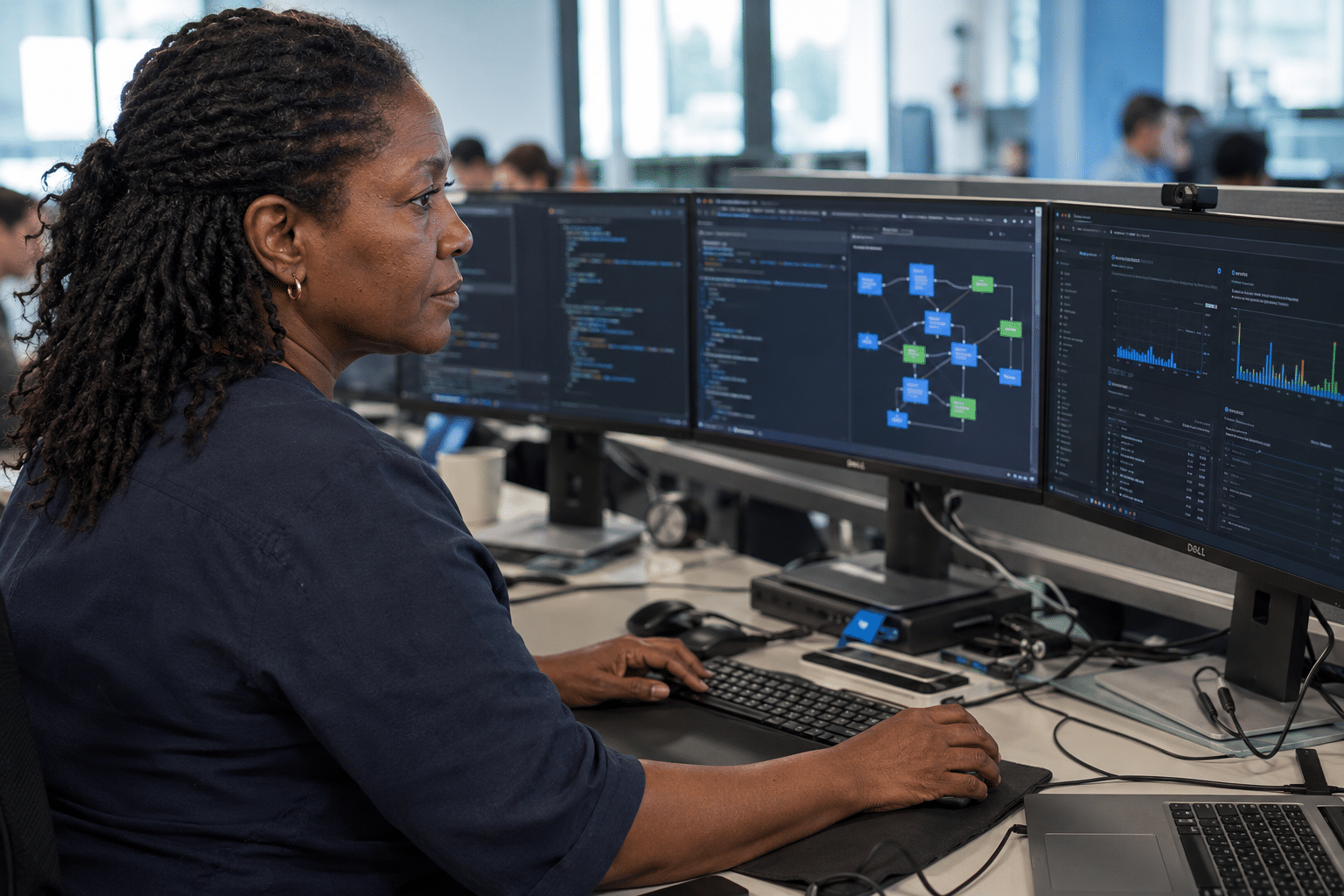 data ingénieur à son poste de travail. Image générée avec ChatGPT.